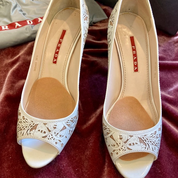 Prada Laser Cut White Kitten Heels - Picture 2 of 8